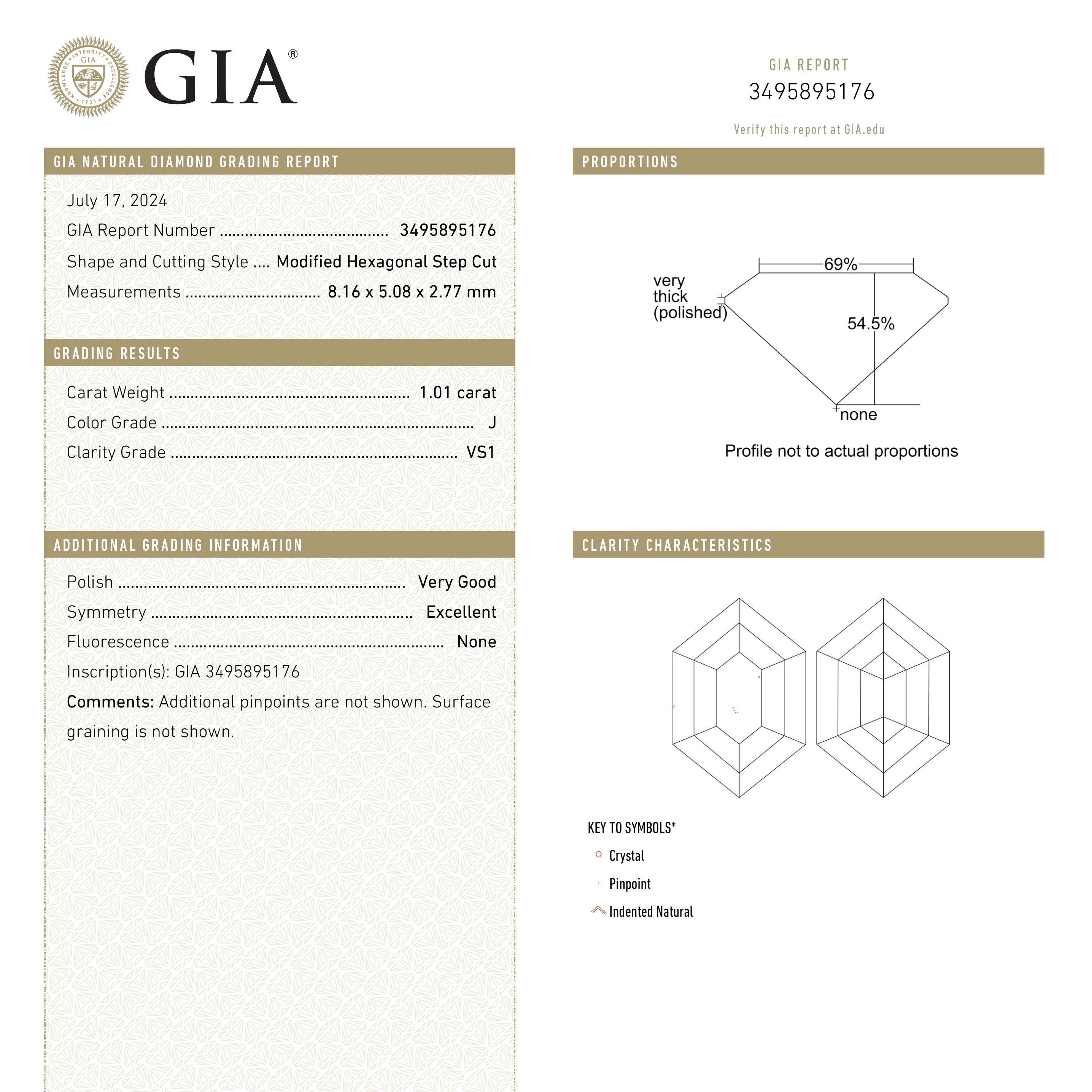 1.01ct 8.16x5.08x2.77mm GIA VS1 J Hexagon Step Cut 25803-02